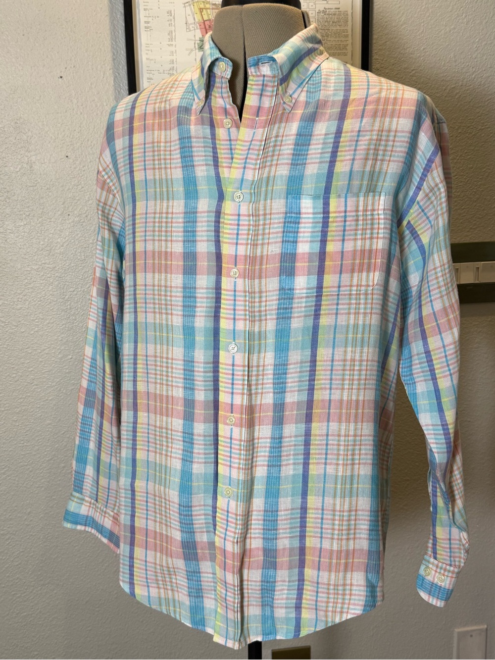 Brooks Brothers Irish Linen Men's L Pastel Plaid Button-Down Shirt